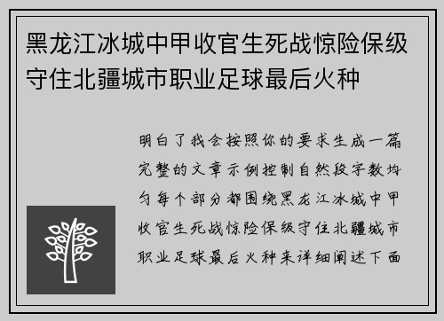 黑龙江冰城中甲收官生死战惊险保级守住北疆城市职业足球最后火种
